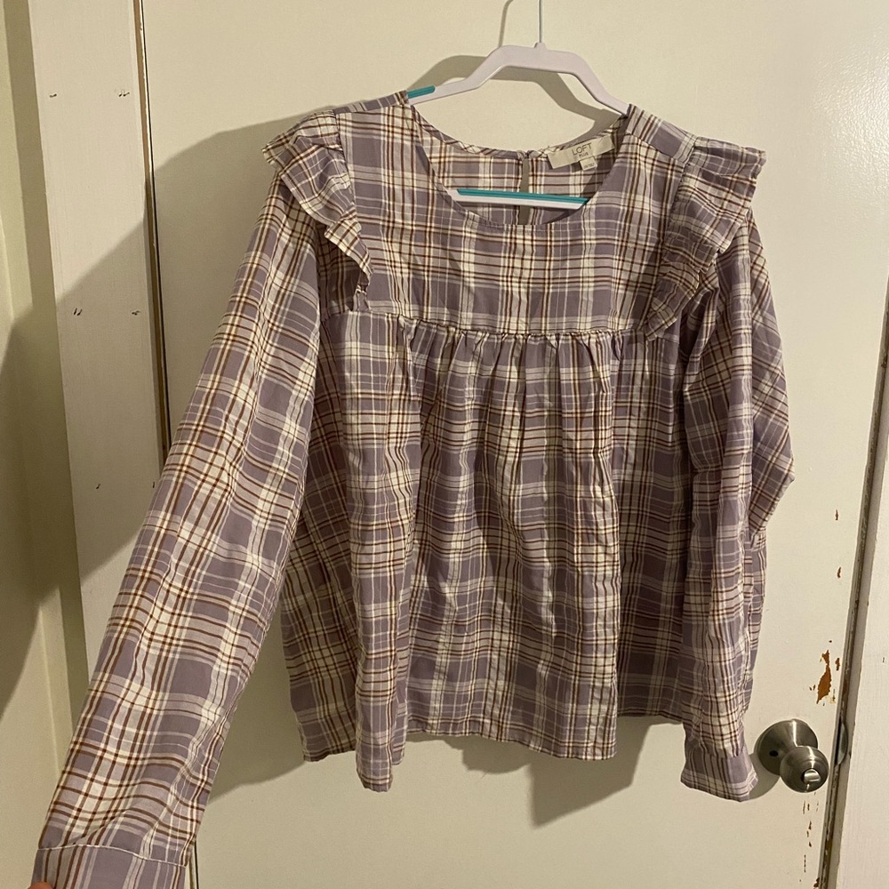 Loft Purple and beige plaid spring blouse